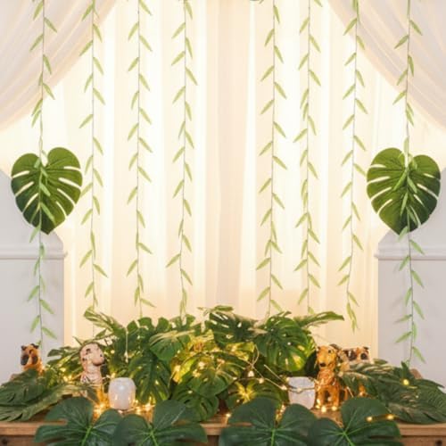 XunYee 110 Pcs Total 295 ft Jungle Theme Party Decoration, Tropical and Monstera Palm Leaves, Fake Wicker Rattan Vines, Fake Greenery Faux Leaves for Baby Shower Safari Party Decoration Set - Image 4