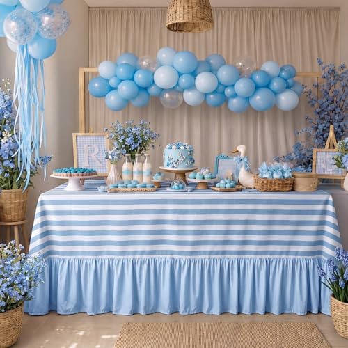 Moukeren 120"x60" Ruffled Tablecloth Table Cover, Blue and White, Striped by Moukeren
