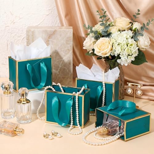Yeaqee 50 Pcs Mini Metallic Paper Gift Bags with Handle, Turquoise, Gold - Image 5