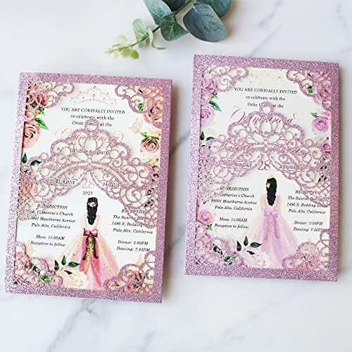 Hosmsua 50PCS Personalized Purple Glitter Quinceanera Invitations Kit 5.1x7.3 Inch Laser Cut Floral Crown Pocket Quinceanera Invitation Cards with Envelopes for Birthday Quince Invitation - Image 4