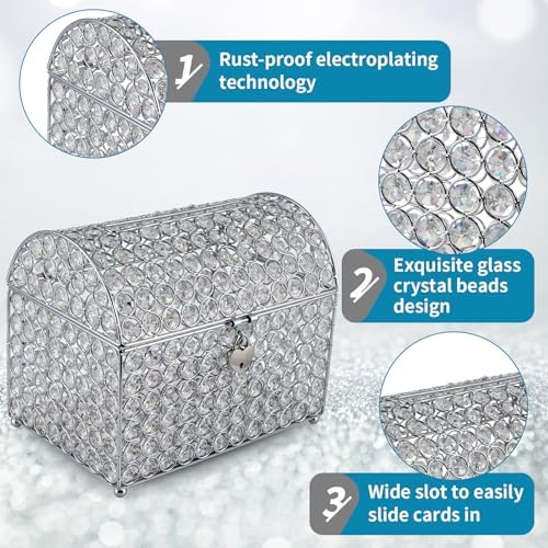 MDLUU Large Wedding Card Box, Treasure Chest Wedding Money Holder with Heart Shaped Lock, Crystal Bead Card Receiving Box for Wedding, Reception, Birthday Party - Image 5