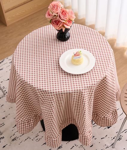 vctops Farmhouse Khaki Plaid Ruffle Table Cloth, Boho Cotton Linen Tablecloth, Washable Table Cover for Round Table Baby Shower Kitchen Party Wedding Decor (Khaki,70") - Image 3