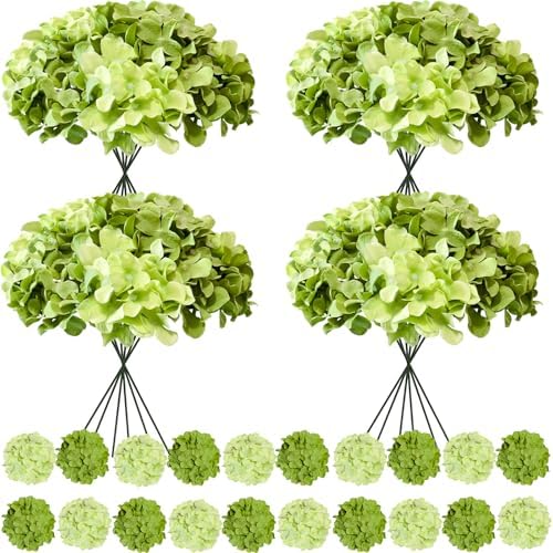 100 Pcs Faux Green Mix Hydrangea Artificial Flowers Bulk, Fake Silk Hydrangea Flowers Heads with Stems for Wedding Decorations Garden Party Baby Shower Porch Home Decor Table Centerpieces by Cherica