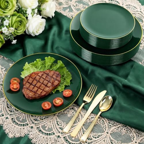 YOUBET 125PCS Green Plastic Plates with Gold Rim for Party Wedding - Image 4