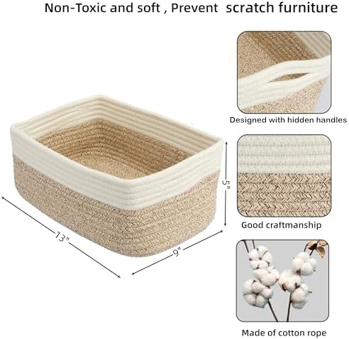 XUANGUO Small Woven Storage Baskets for Shelves, 13" x 9" x 5", White/Brown - Image 2