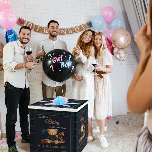 AmazingSpark 28in Giant Gender Reveal Gift Box with Lid Kit Oversized Gender Reveal Balloon Box Large Pull Bows for Baby Shower Birthday Party Decor(Tartan Plaid Bear) - Image 6