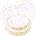 WDF 60pcs White and Gold Plastic Plates - Baroque White With Gold of 30 Heavy Duty Gold dinner plates 10.25inch, 30 Salad Plates 7.5inch Perfect for Wedding/Baby Shower/Spring by WDF