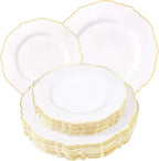 WDF 60pcs White and Gold Plastic Plates - Baroque White With Gold of 30 Heavy Duty Gold dinner plates 10.25inch, 30 Salad Plates 7.5inch Perfect for Wedding/Baby Shower/Spring by WDF