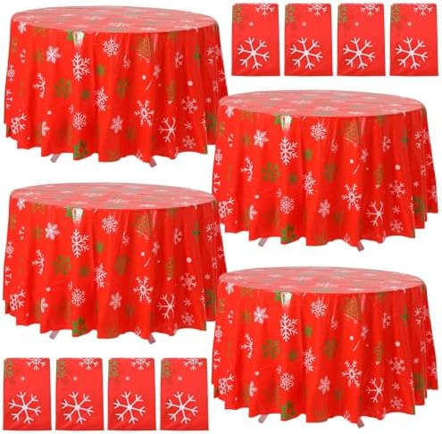 Ganeen 12 Pcs Round Snowflake Tablecloth 84 Inch Red Plastic Party Cover by Ganeen