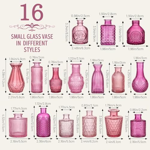 32 PCS Assorted Vintage Bud Vases, Colorful Glass Small Vases Bulk, for Centerpieces, Wedding Table Decor, Home Decorations & Gifts (Pink Seiris) - Image 2