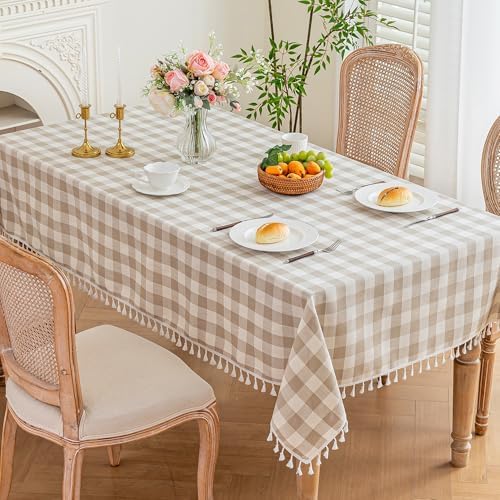 Beige Gingham Tablecloth Rectangle, Cotton Linen Checkered, 55x120 Inch - Image 2