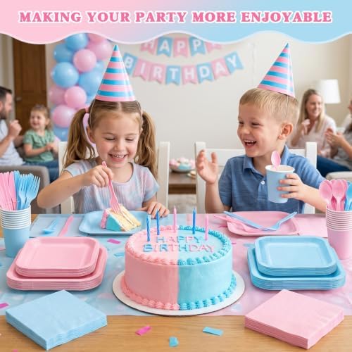 Vyntra 350 Pcs Pink & Blue Square Paper Plates and Napkins Set, Serves 50 - Image 7