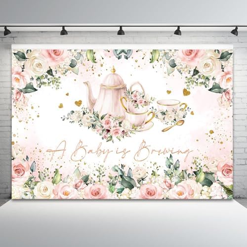 15x10ft Baby Shower Backdrop A Baby is Brewing Photography Background White Floral Pink Teapot Tea Party Theme Banner Decorations Rose Flower Green Leaf Golden Glitter Heart Photo Booth Prop - Image 4