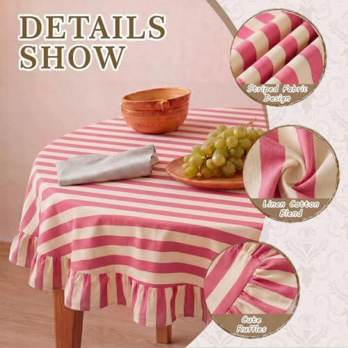 Tudomro Striped Tablecloth, Round, Cedar Rose, Cream, 60'' X 60'' - Image 3