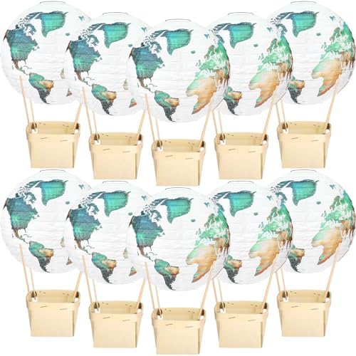 Baquler 12 Sets Baby Shower Hot Air Balloon Table Centerpieces DIY Paper Lanterns Around the World Decorations Globe World Map Paper Lantern for Wedding Birthday Earth Classroom Travel Themed Party by Baquler