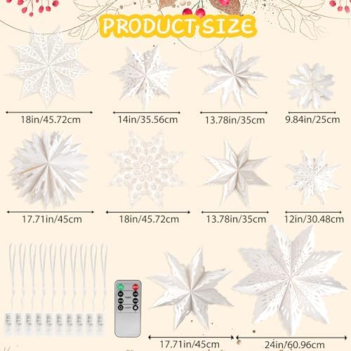 10 Pcs Christmas Paper Snowflake Lanterns, Large Christmas Paper Star Lanterns with LED Lights White Hanging Snowflake Lamp Ornaments for Xmas Winter Frozen Weddings Birthday Holiday Party Decorations - Image 3