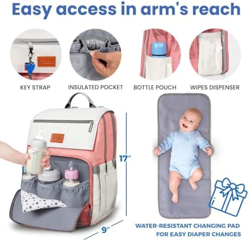 PILLANI Baby Diaper Bag Backpack - Toddler Backpack - Baby Bag for Girls & Boys, Large Waterproof Diaper Backpack - Diaper Bags with Changing Pad, Best Baby Shower Gifts - Stylish Pink Cute Diaper Bag - Image 5