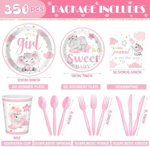 Dandat 350 Pcs Baby Shower Set, Elephant, Pink - Image 3