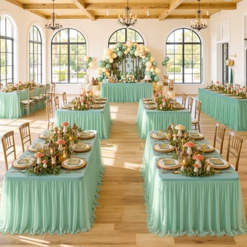 4pack Grayish Green Tulle Tablecloth for 6 Foot Rectangular Tables, 2-in-1 Elastic Stretch Spandex Cover with Tutu Ruffle Skirt, Wrinkle Free for Wedding, Birthday, Banquet, Buffet, Bridal Shower - Image 3