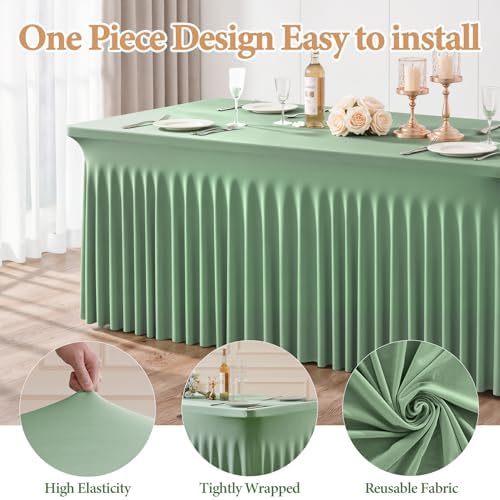6 Packs Sage Green Spandex Table Cloths 8 Foot, Fitted Stretch Table Cover with Skirts 30x96 Inch, Wrinkle-Free Floor Length Tablecloths Rectangular for Weddings Parties Banquets Events Decorations - Image 2