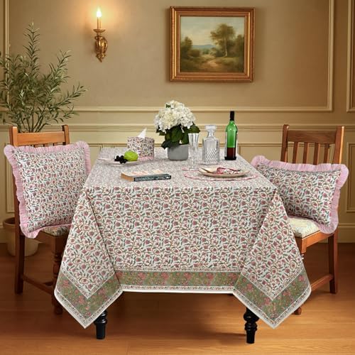 Ridhi Block Print Rose Pink Floral Vine Square Cotton Tablecloth 60" x 60" Reusable Table Cover Decorative Everyday Use for Dining, Farmhouse, Home Gift for Spring, Easter, Valentine - Image 2