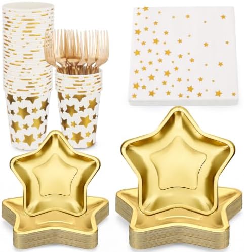 120 Pcs/24 Sets Gold Star Party Tableware Set for Guests by Purpeak