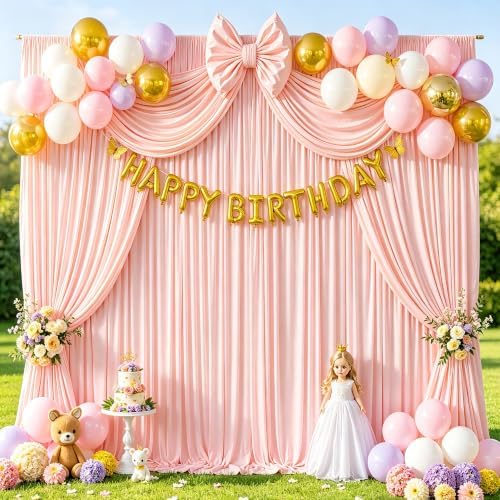 10ftx10ft Light Pink Backdrop Curtains for Baby Shower Wrinkle Free Pink Photo Curtains Soft Fabric Drapes Back Drop Cloth for Wedding Girls Birthday Parties Photography Background 5x10ft, 2 Panels by WishCare
