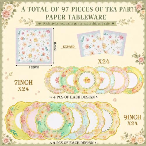 Yungyan 97 Pcs 24 Set Floral Tea Party Supplies, Tea Party Plates and Napkins Set with Tablecloth, Disposable Handle Teacups and Saucers for Birthday Wedding Bridal Shower Decorations(Classic Style) - Image 2