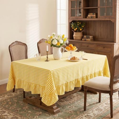 Eternal Beauty Gingham Ruffled Tablecloth Butter Yellow White 52x70 Wedding - Image 2