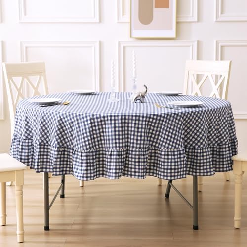 Navy Blue White Gingham Tablecloth Round Dia.90” by KMASANIJI