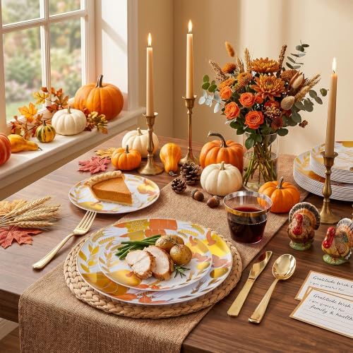 KIRE 150PCS Thanksgiving Plates Dinnerware Pumpkins - Plastic Thanksgiving Plates with Gold Silverware Include 25 for Dinner 25 for Salad 25Forks 25Knives 25Spoons 25Gold Cups - Image 4