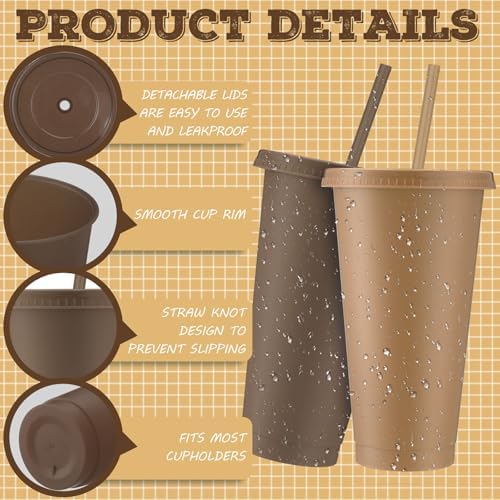 Skylety 24 Pcs Brown Plastic Cups with Lids and Straws 24 oz - Image 3