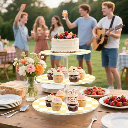 J JOYSAY Chess Checkerboard White Light Yellow Pattern Acrylic Cupcake Stand 3 Tier Dessert Table Display Set Clear Cake Stands for Baby Shower Wedding Party Decorations Easy Assembly Pastry Tower - Image 6