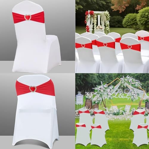 Red Chair Sashes for Wedding 100 Pack Spandex Red Sashes for Chairs Covers Stretch Chair Sahes Band with Heart Buckle Slider Universal Wedding Sashes Bows for Banquet Party Decorations - Image 5