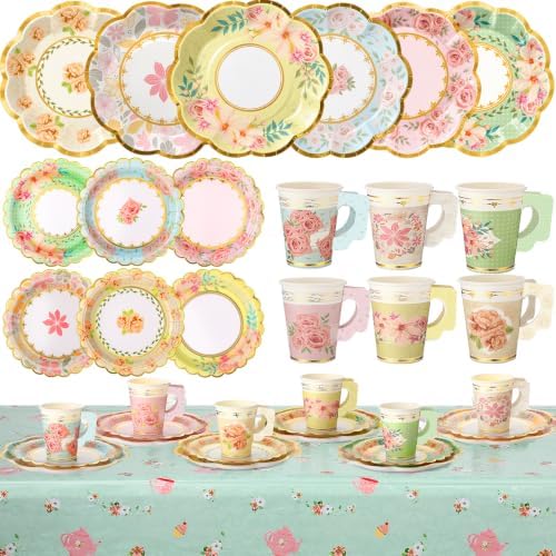 Yungyan 289 Pcs 72 Set Floral Tea Party Supplies, Tea Party Plates and Napkins Set with Tablecloth, Disposable Handle Teacups and Saucers for Birthday Wedding Bridal Shower Decorations(Classic Style) by Yungyan
