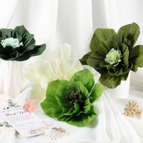 Cholemy 24 Pcs Tissue Paper Flowers, Crepe Paper Flowers Decorations 8" 10" 12" for Wedding Party Baby Bridal Shower Carnival Party Birthday Nursery Wall Decor (Green Series) - Image 3