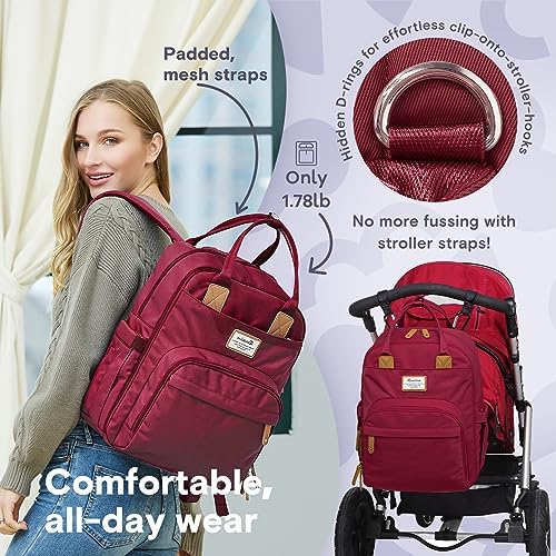 RUVALINO Diaper Bag Backpack, Multifunction Travel Pack Maternity Baby Changing Bags, Large Capacity, Waterproof, Purplish Red - Image 5