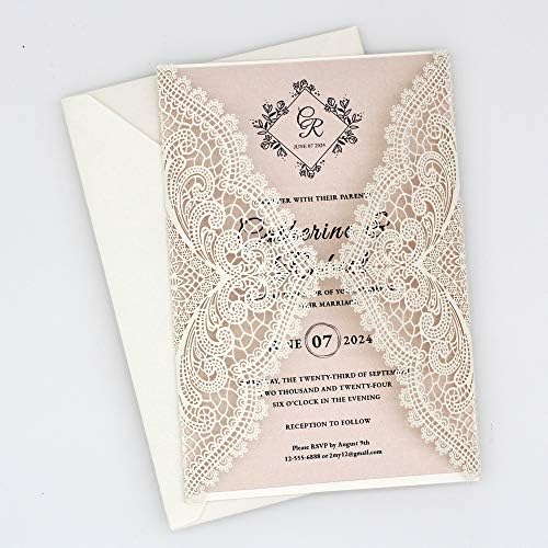 25-Pack White Lace Laser Cut Wedding Invitation with RSVP Cards, Blush Pink Shimmer Invitation Cards for Wedding/Sweet Sixteen/Bridal Shower/Birthday Party - Image 4