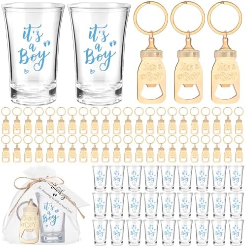 Vesici 50 Set It's a Boy Baby Shower Favors Acrylic Shot Glasses Gold Bottle Opener Keychains Thank You Tags and Bags for Baby Shower Party Gender Reveal Party Guests Return Gift (it's a Boy) by Vesici