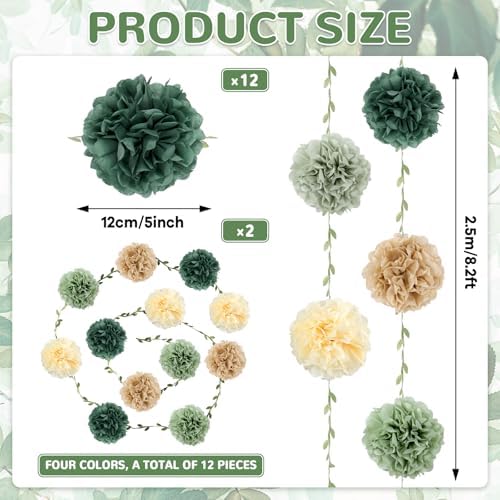 2Pcs Sage Green Tissue Paper Pom Pom Garlands Sage Green Flower Leaves Banner Hanging Paper Flower Garlands for Birthday Baby Shower Boho Wedding Engagement Bridal Shower Party Decor 8.2ft (Pack of 3) - Image 2