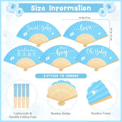 Threehoney 50 Sets Baby Shower Favors 5 Styles Bamboo Paper Hand Fans,Blue - Image 2