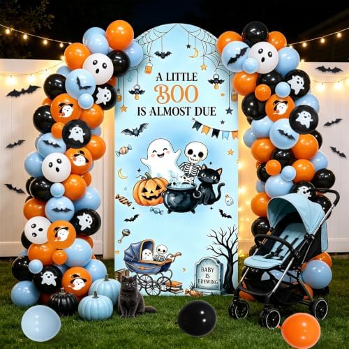 Blue Halloween Baby Shower Party Decoration Set, 6 Ft A Little Boo is Almost Due Stretchy Arch Backdrop Covers with Bat Stickers Balloon Garland Kit for Baby Shower Birthday Party Decor - Image 3