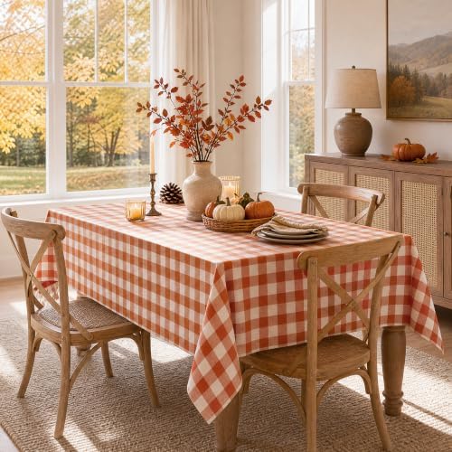Fall Gingham Tablecloth Rectangle Cotton Linen Style, Thanksgiving Checkered Table Cloth, Autumn Washable Wrinkle Free Plaid Table Cover for Dinner, Holiday, Party Orange 60x90 - Image 2