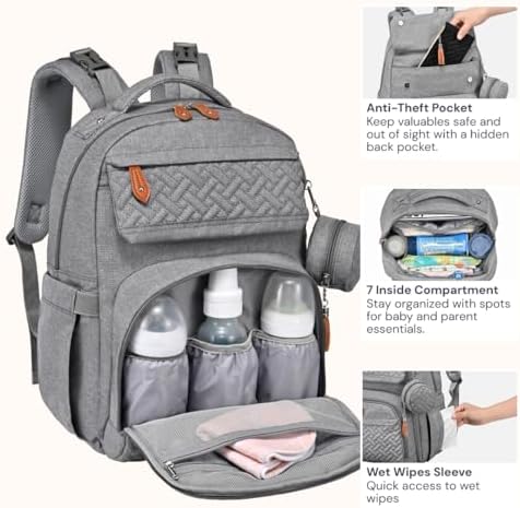 BabbleRoo Diaper Bag Backpack - Travel Large Baby Diaper Bag with Changing pad, Waterproof Baby Bags for Mom & Dad, Unisex Bags with Pacifier Case, Luggage Strap & Stroller Clips– Light Gray - Image 6