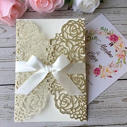 50PCS 5.12 x 7.28'' Champagne Wedding Invitations Cards Laser Cut Hollow Rose Flowers Pocket with bowknot for Bridal Shower Engagement Birthday Invite (Champagne Glitter) - Image 2