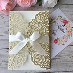 20PCS 5.12 x 7.28'' Champagne Wedding Invitations Cards Laser Cut Hollow Rose Flowers Pocket with bowknot for Bridal Shower Engagement Birthday Invite (Champagne Glitter) - Image 5