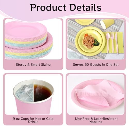 350 Pcs Pastel Disposable Plates and Napkins Tableware Set for 50 Guests - Image 3