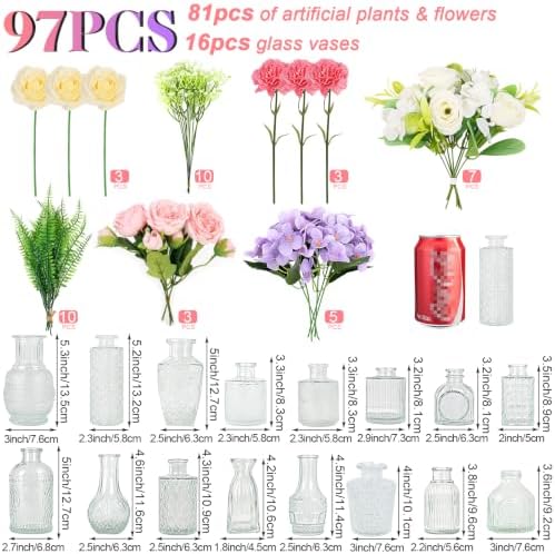WARMALL Artificial Flowers with Vases, 16 Pcs Bud Vases, & 44Pcs Artificial Color Flower DIY Set Suitable for Centerpieces Table Weddings Party Office and Indoor Decor Mini Small Glass Clear（Color） - Image 2