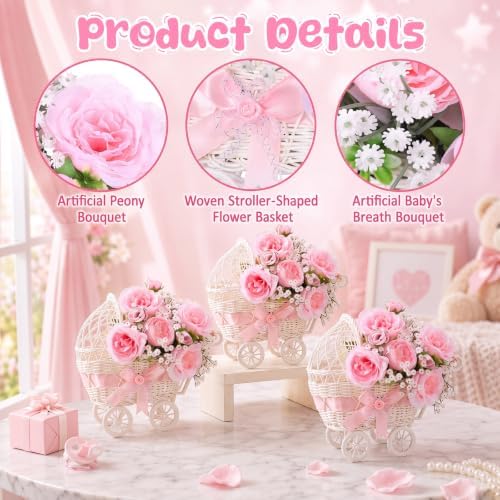 3 Pack Baby Shower Table Centerpiece, Pink Rattan-Style Carriage Baskets with Faux Ranunculus and Baby's Breath for Girl Gender Reveal Bridal Wedding Party Tables - Image 3