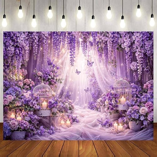 15x10ft Purple Butterfly Floral Backdrop for Photography Butterfly Flowers Girls Party Decorations Background Wedding Birthday Baby Shower Party Cake Table Decor Banner Photo Booth Props by Unknown